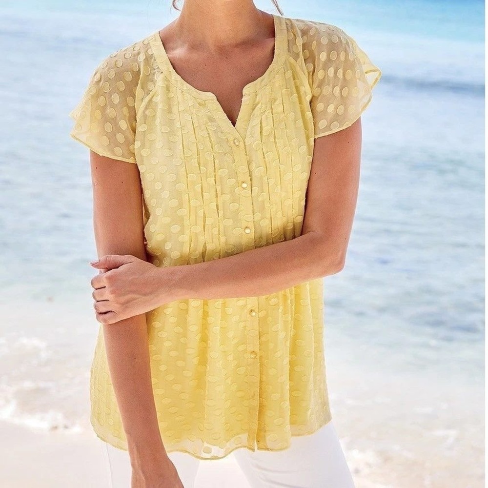 Soft Surroundings Yellow Silk Blend Polka Dot Pintuck Tunic Top Large Cottage